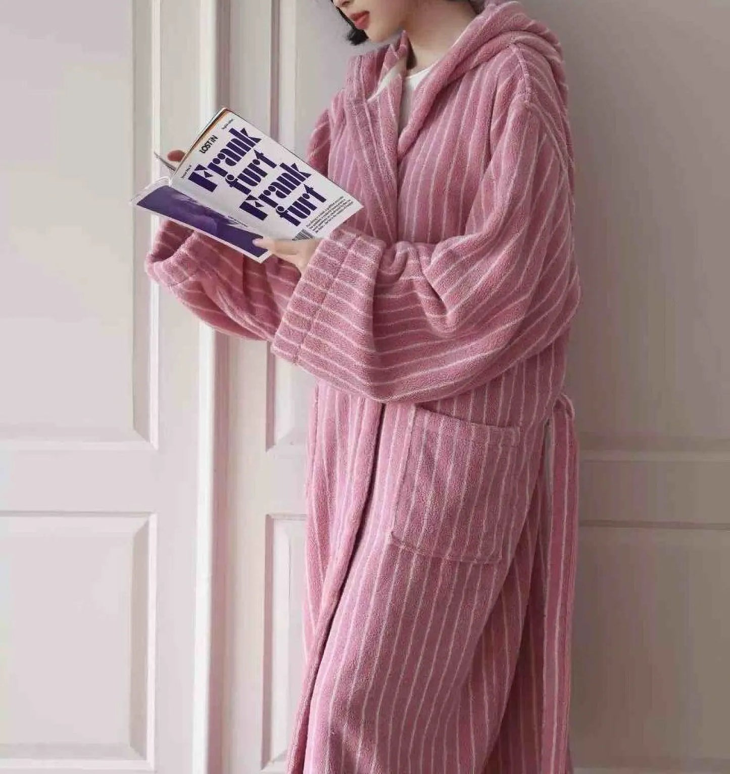 Plush Vertical Striped Cotton Hooded Robe
