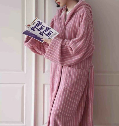 Plush Vertical Striped Cotton Hooded Robe