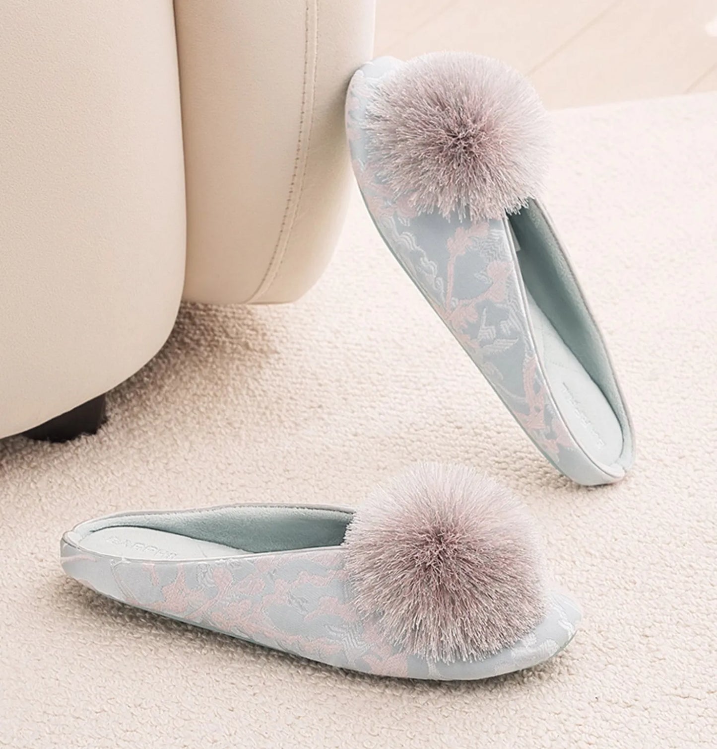 Fluffy Floral Jacquard Cotton Sateen House Slippers