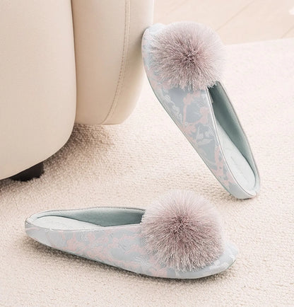 Fluffy Floral Jacquard Cotton Sateen House Slippers