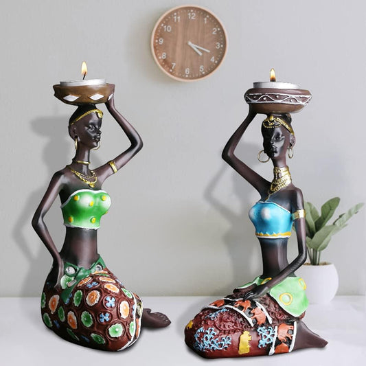 2 Pack African Women Statue Figurine Candle Holder, 8.5" Traditional Tribal Lady Statue Decorative Sculpture Candle Holder Centerpieces for Tabletop Dining Room African American Vintage Gift Candleholders Candles & Holders Candlestick Holders Home & Kitchen Home Décor Products