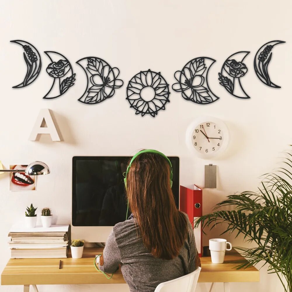 7 Pcs Floral Moon Phase Wood Wall Art