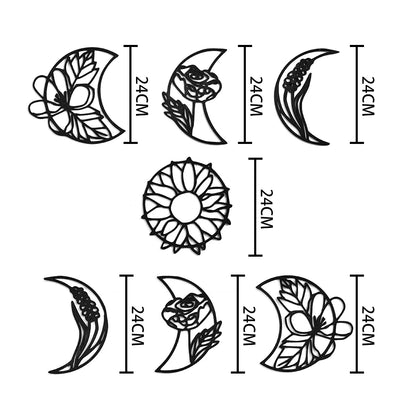 7 pièces d'art mural en bois avec phases de lune florales