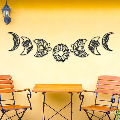 7 pièces d'art mural en bois avec phases de lune florales