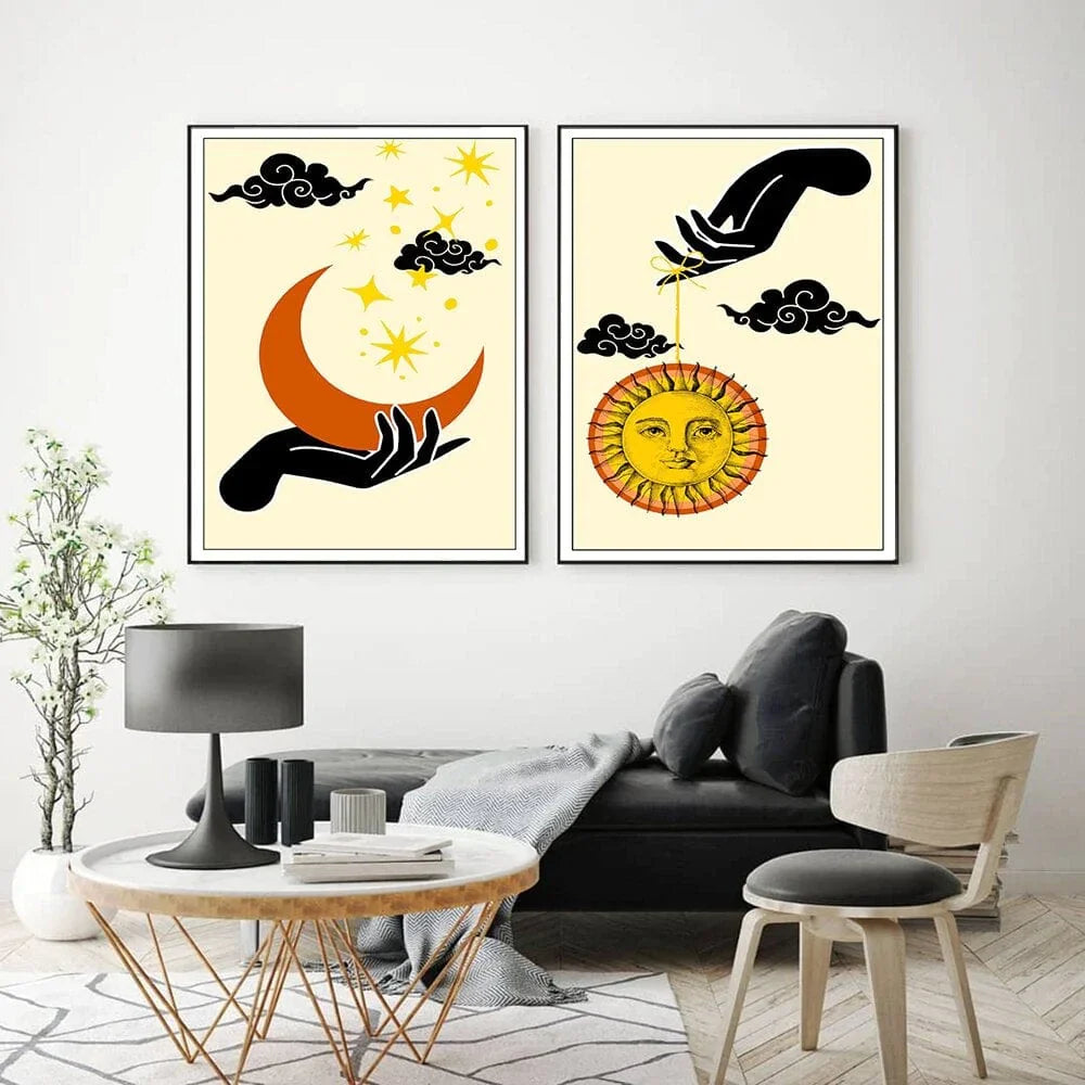 Abstract Mystic Sun and Moon Hand Wall Art Canvas