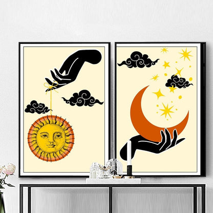 Abstract Mystic Sun and Moon Hand Wall Art Canvas