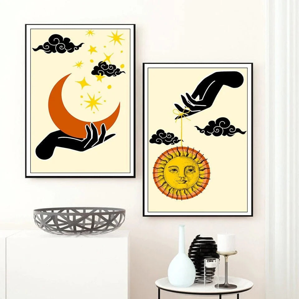 Abstract Mystic Sun and Moon Hand Wall Art Canvas