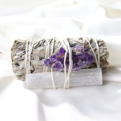 Amethyst Cluster & Selenite Wand With White Sage