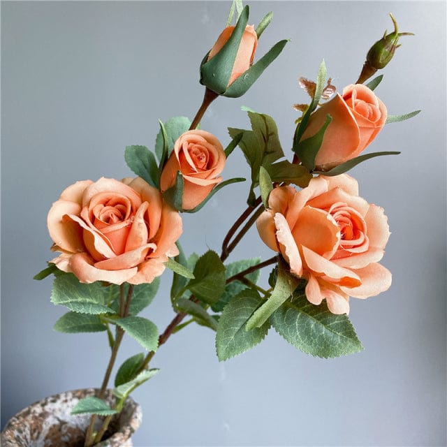 Artificial 4 Heads Roses Branch With Leaves