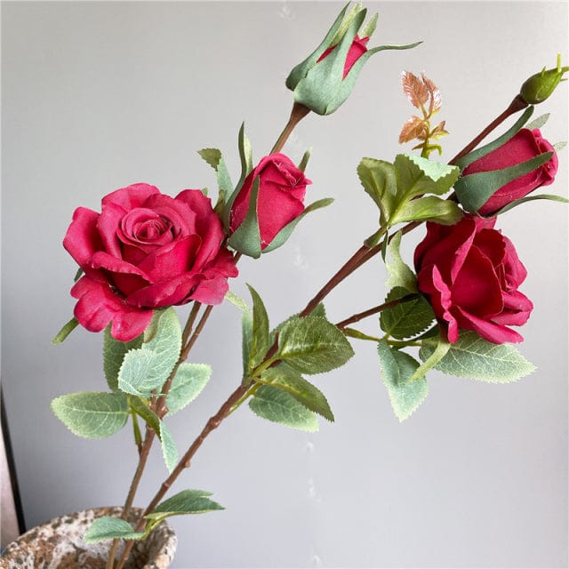 Artificial 4 Heads Roses Branch With Leaves