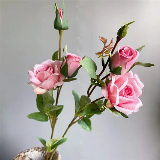 Artificial 4 Heads Roses Branch With Leaves