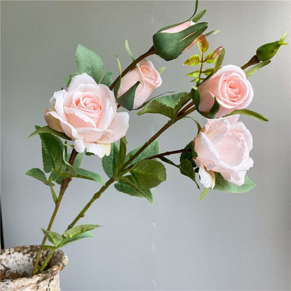 Artificial 4 Heads Roses Branch With Leaves