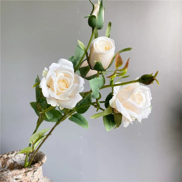 Artificial 4 Heads Roses Branch With Leaves