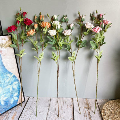 Artificial 4 Heads Roses Branch With Leaves