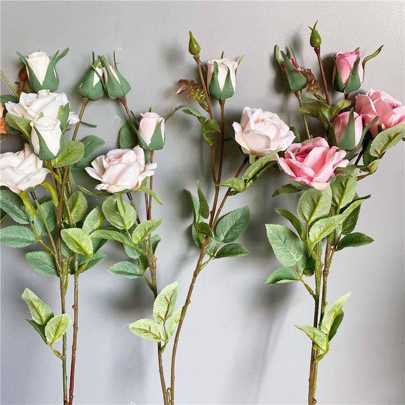 Artificial 4 Heads Roses Branch With Leaves