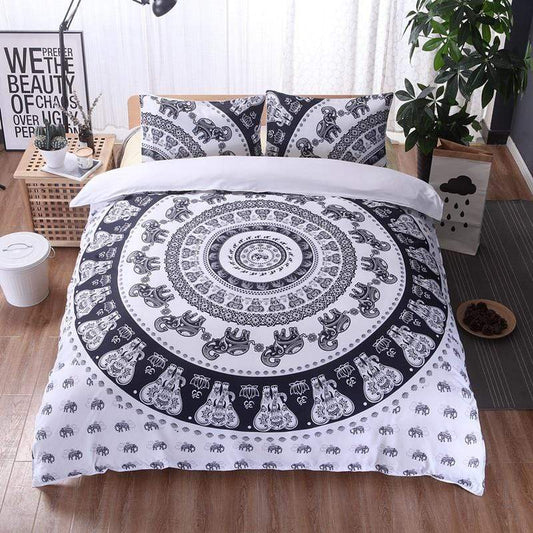 Juego de cama con mandala de elefante blanco y negro