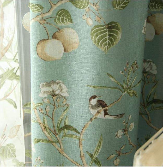 Blackout Blue Curtains with Floral Birds Patterns