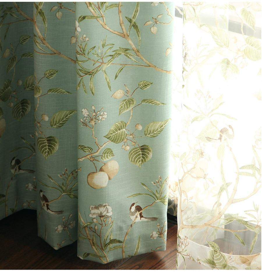 Blackout Blue Curtains with Floral Birds Patterns