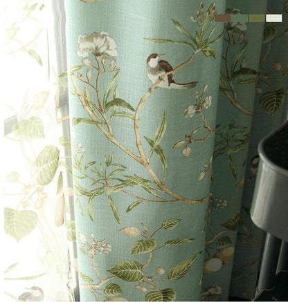 Blackout Blue Curtains with Floral Birds Patterns