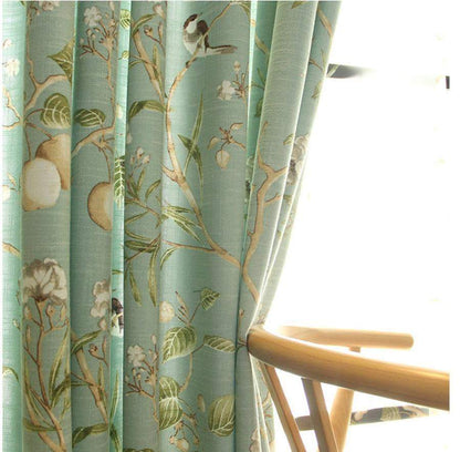 Blackout Blue Curtains with Floral Birds Patterns