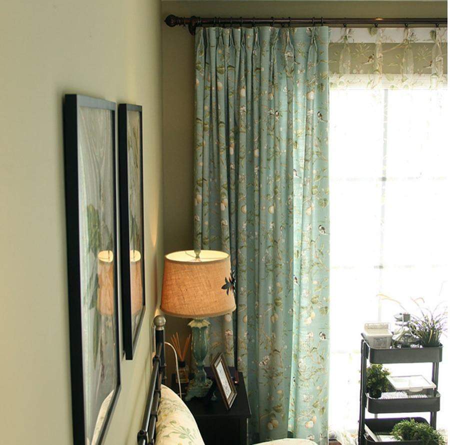 Blackout Blue Curtains with Floral Birds Patterns