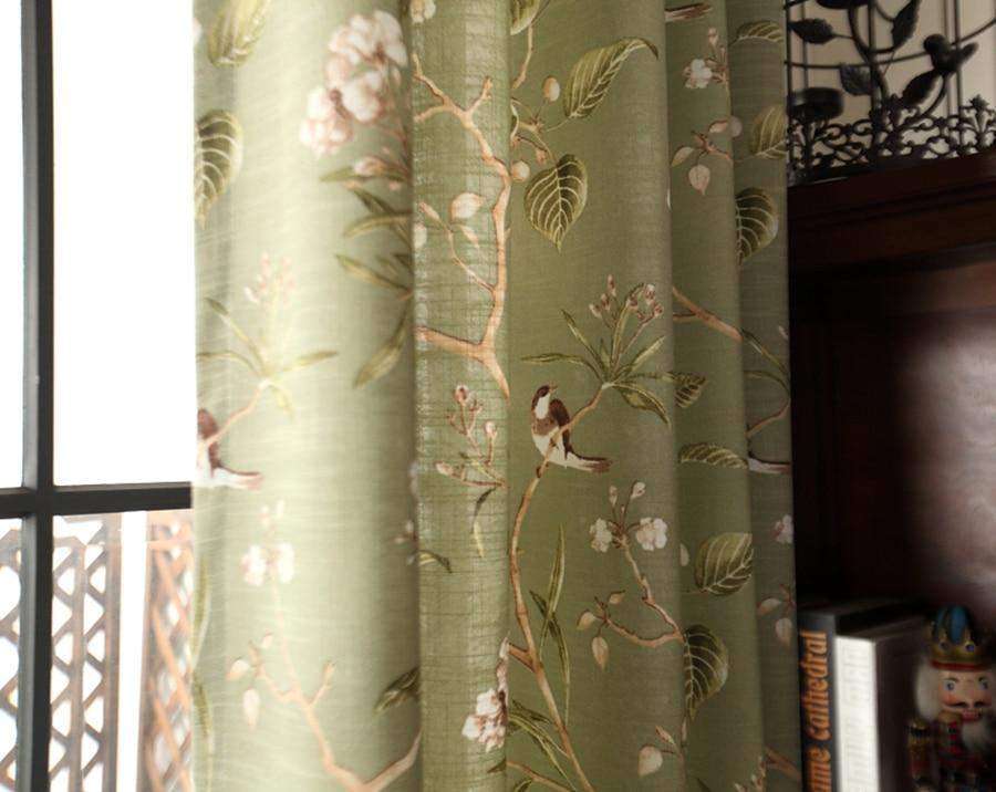 Blackout Green Curtains with Floral Birds Patterns