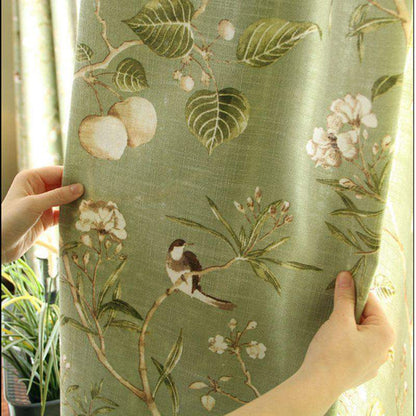 Blackout Green Curtains with Floral Birds Patterns