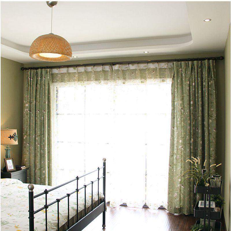 Blackout Green Curtains with Floral Birds Patterns