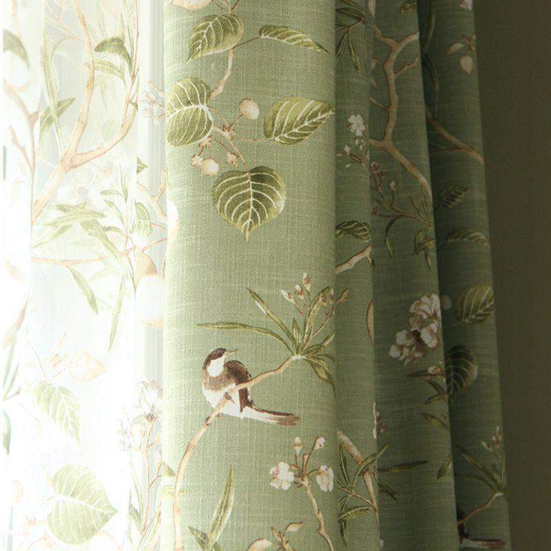 Blackout Green Curtains with Floral Birds Patterns