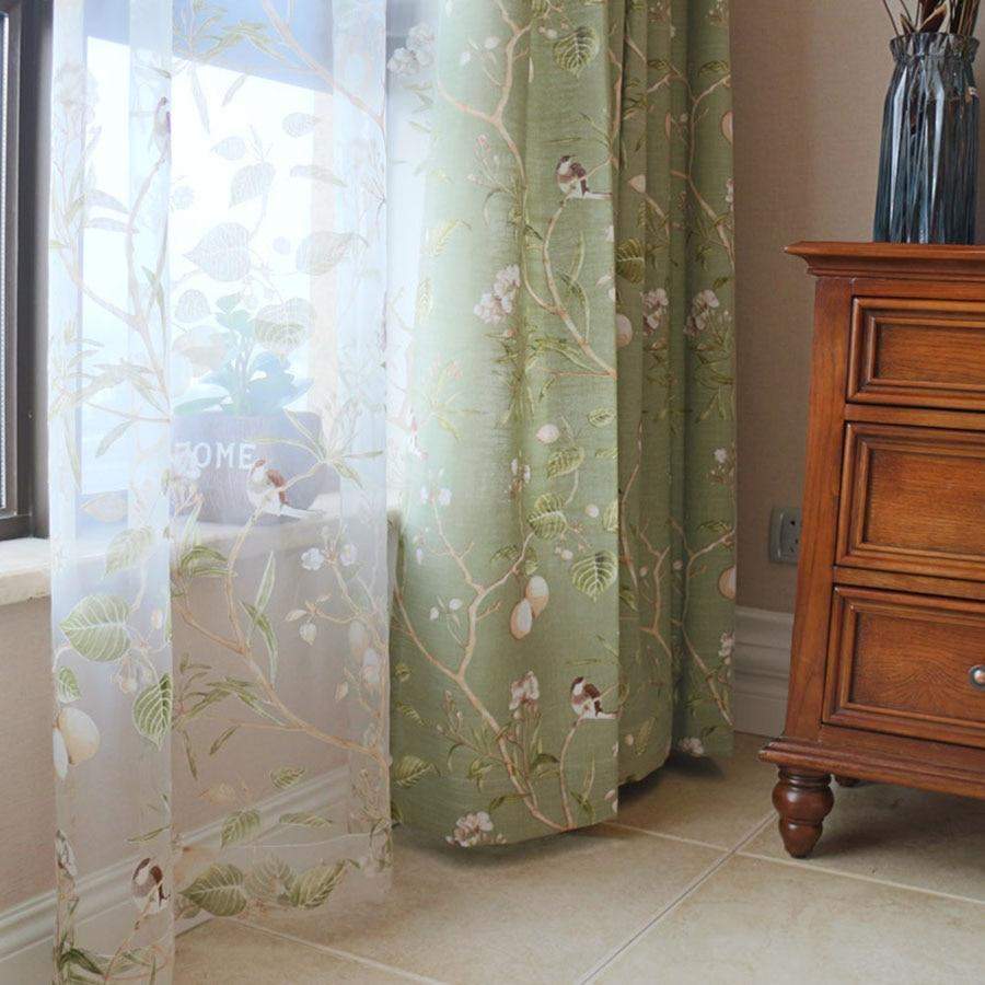 Blackout Green Curtains with Floral Birds Patterns