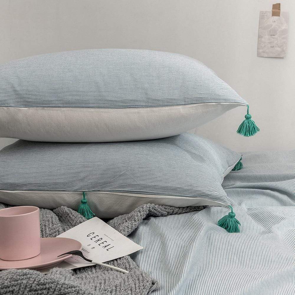 Blue Cotton Tassel Duvet Cover set