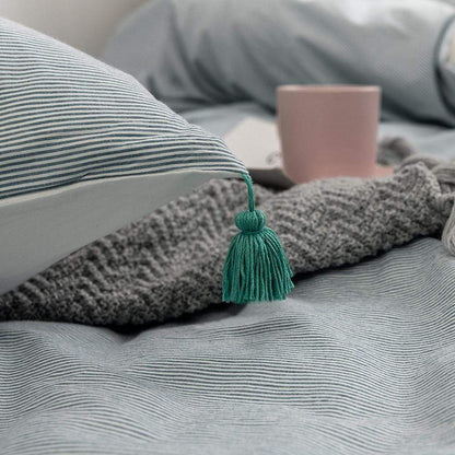 Blue Cotton Tassel Duvet Cover set