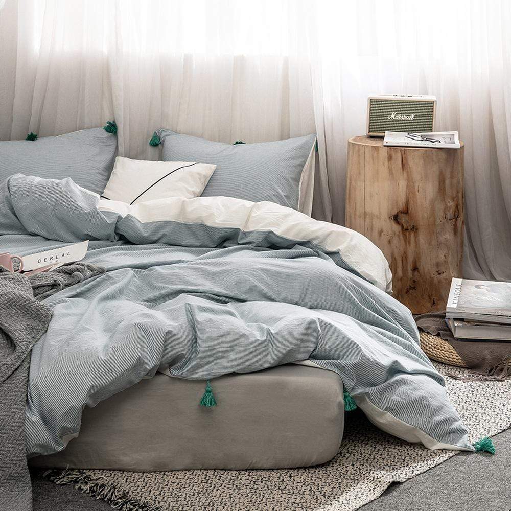 Blue Cotton Tassel Duvet Cover set