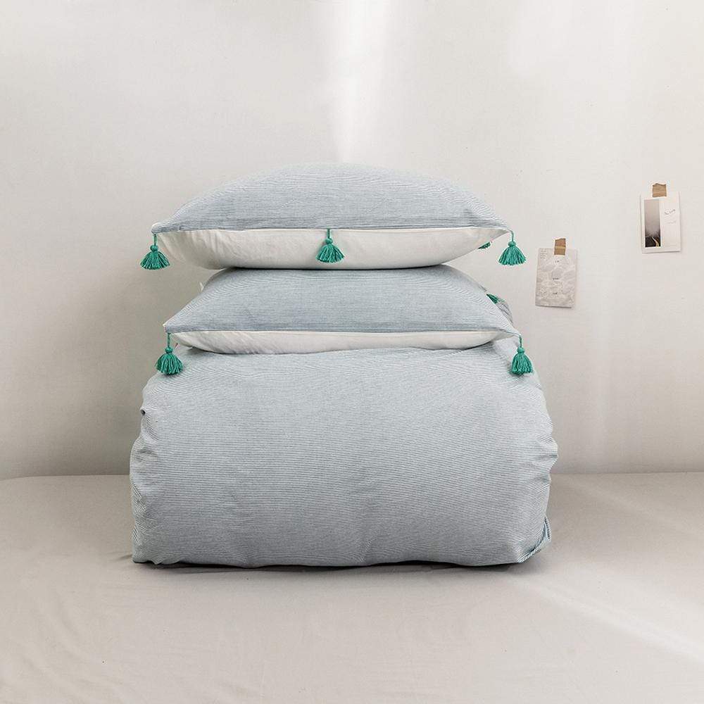 Blue Cotton Tassel Duvet Cover set