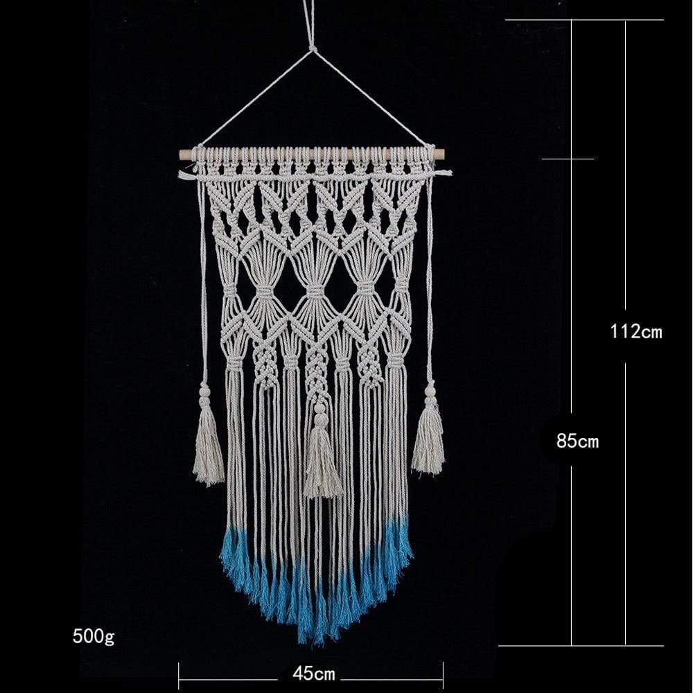 Tapeçaria de algodão feita à mão com arte de parede em macramê azul