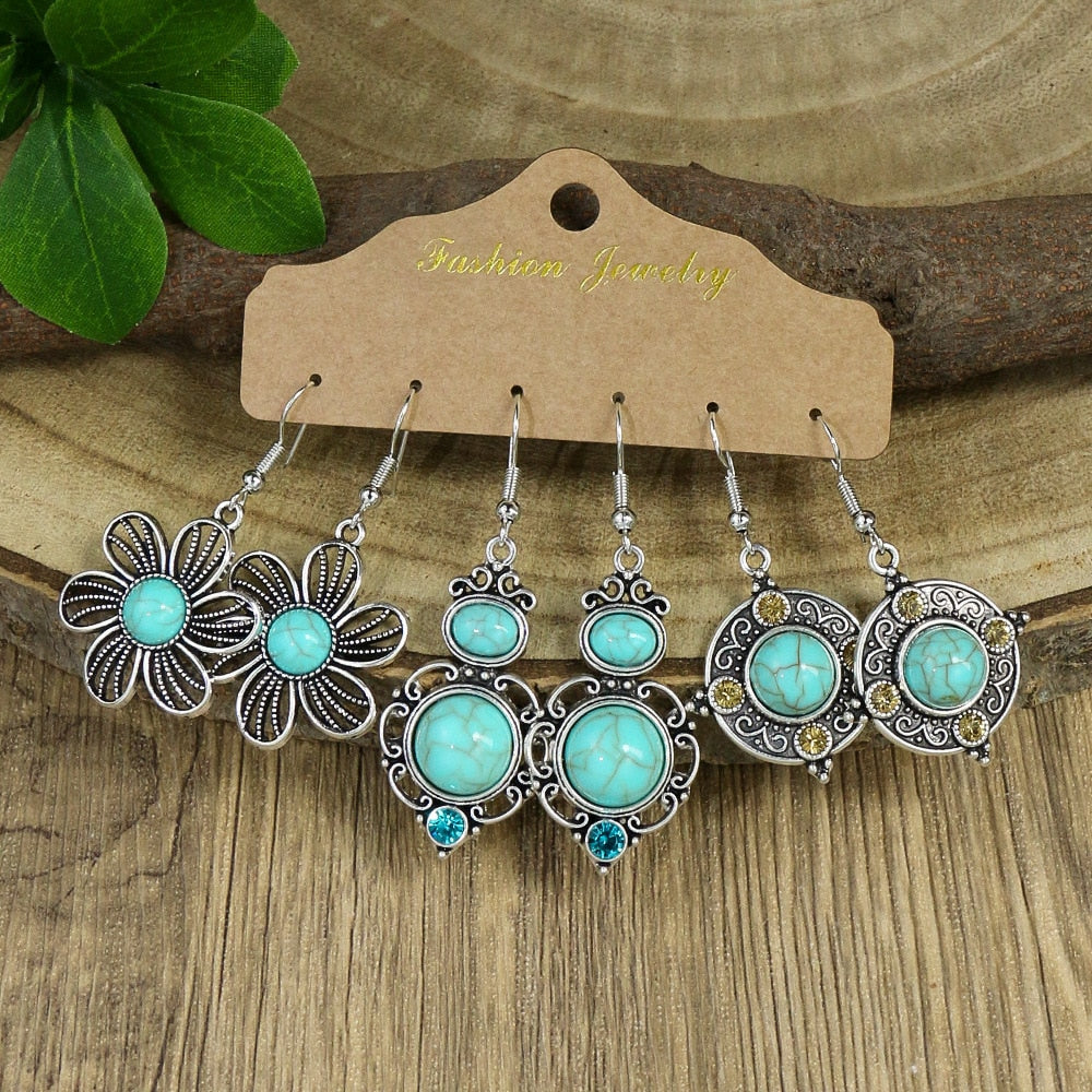 Conjunto de Brincos Boho Azul Turquesa