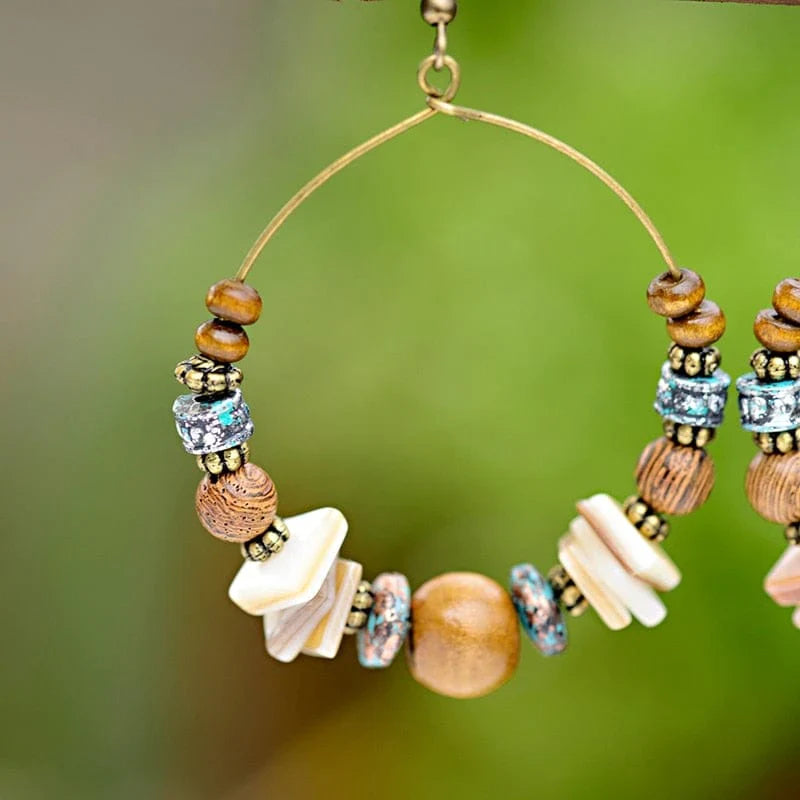 Bohemian Wood Beads Round Drop Earrings