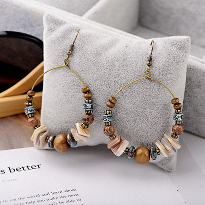 Bohemian Wood Beads Round Drop Earrings