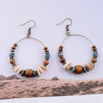 Bohemian Wood Beads Round Drop Earrings