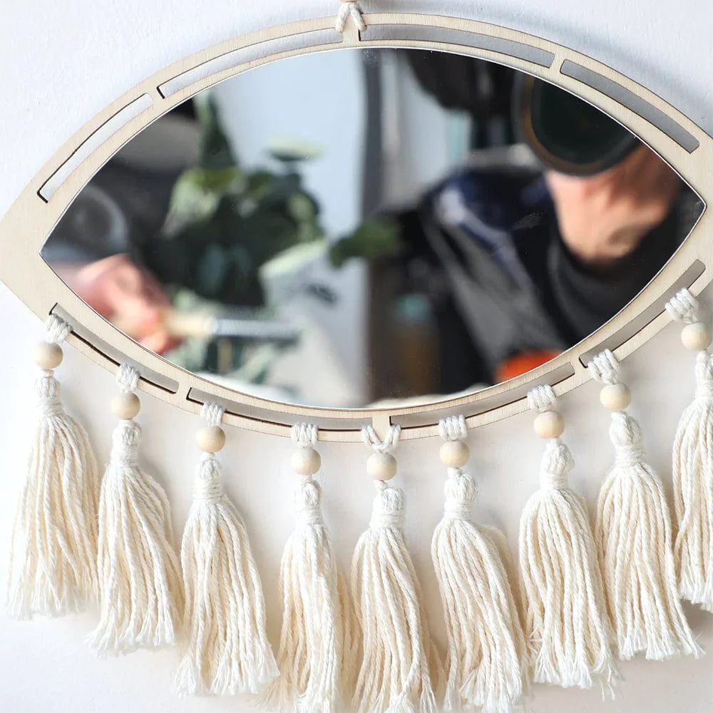 Boho Evil Eye Macrame Hanging Wall Mirror with Fringe Tassel