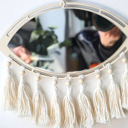 Miroir mural suspendu en macramé Boho Evil Eye avec pompon à franges