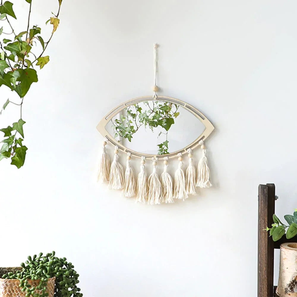 Boho Evil Eye Macrame Hanging Wall Mirror with Fringe Tassel