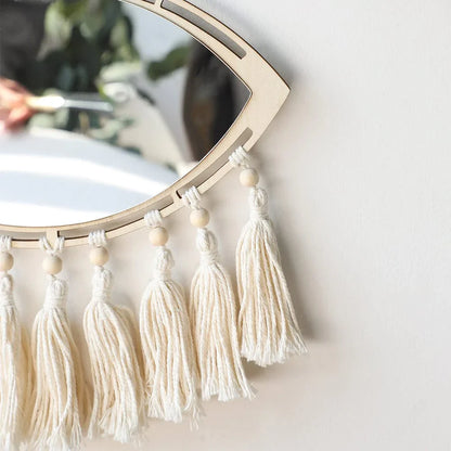 Miroir mural suspendu en macramé Boho Evil Eye avec pompon à franges