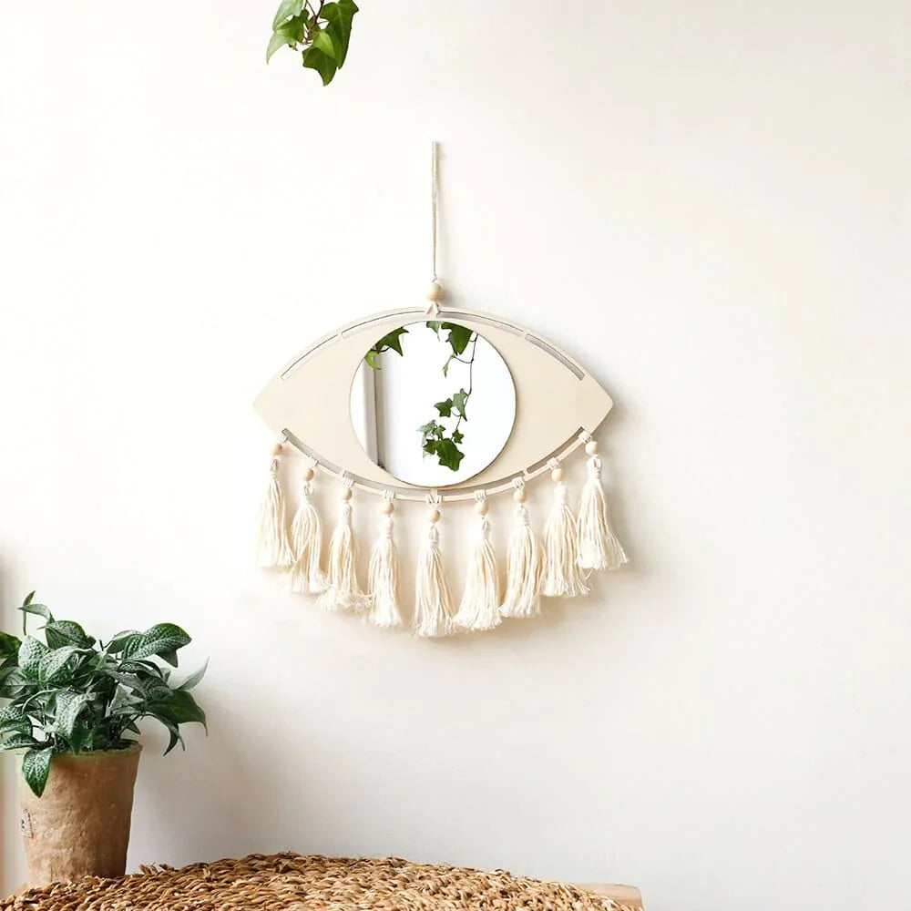 Miroir mural suspendu en macramé Boho Evil Eye avec pompon à franges