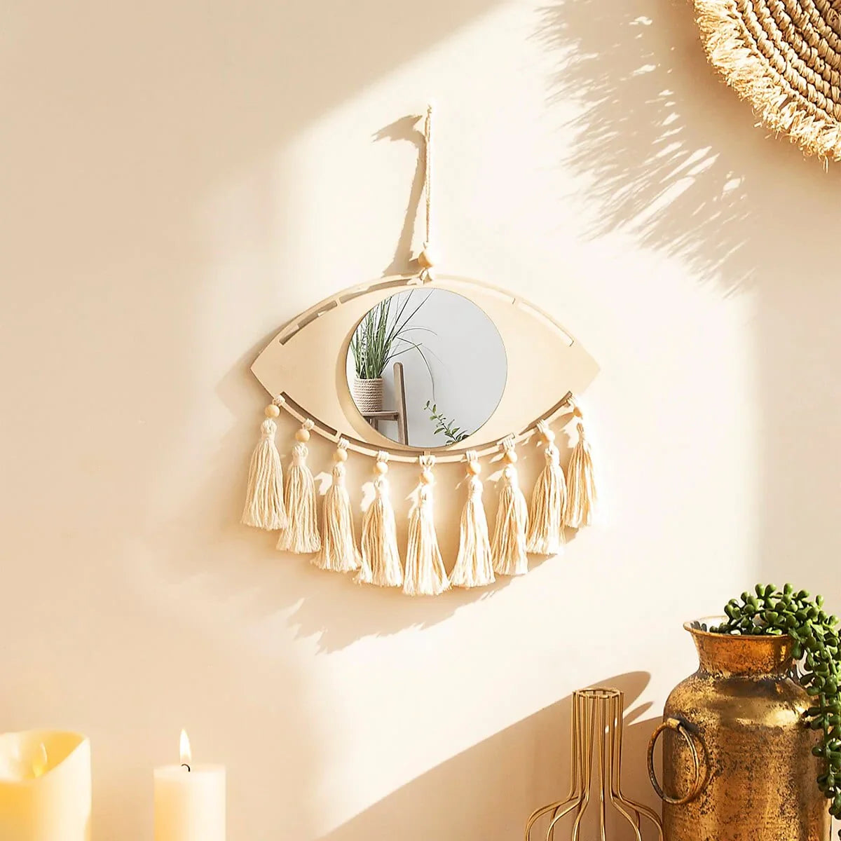 Miroir mural suspendu en macramé Boho Evil Eye avec pompon à franges