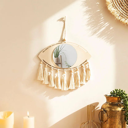 Miroir mural suspendu en macramé Boho Evil Eye avec pompon à franges