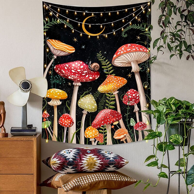 Botanical Mushroom and Moon Tapestry