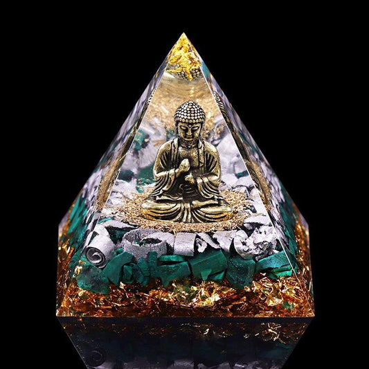 Pyramide d'orgonite en cristal de Bouddha et de malachite