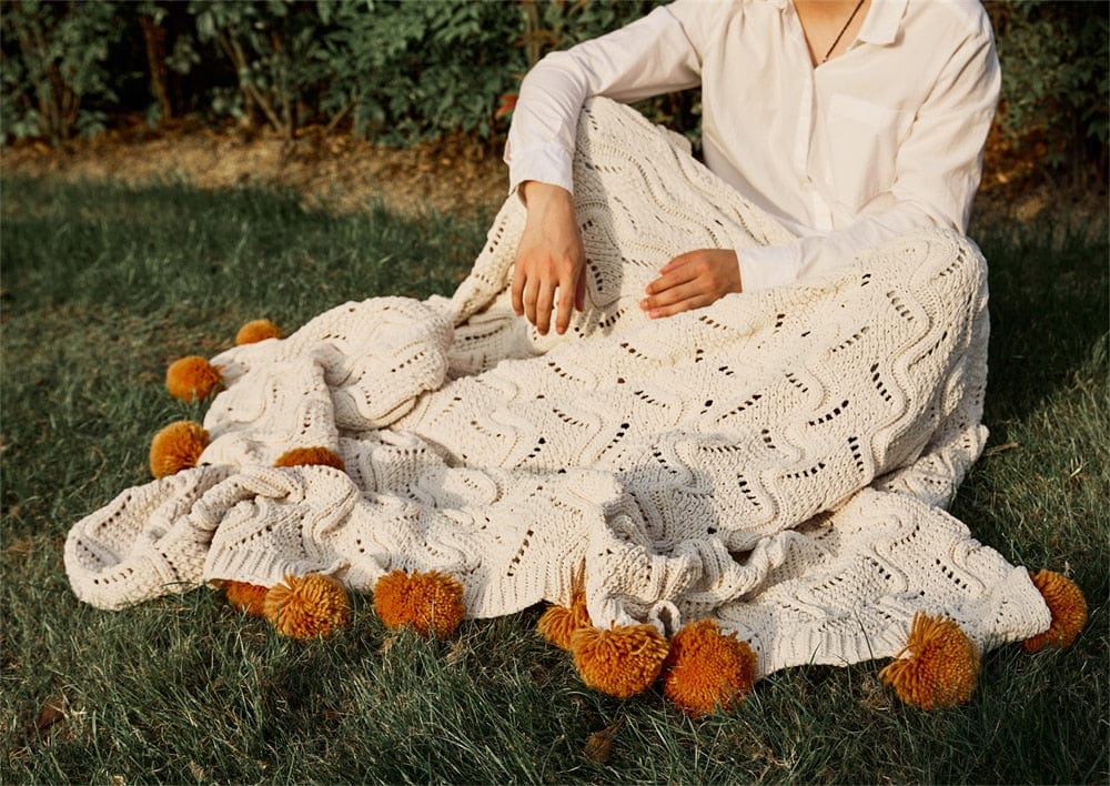 Chunky Pompoms Knitted Blanket