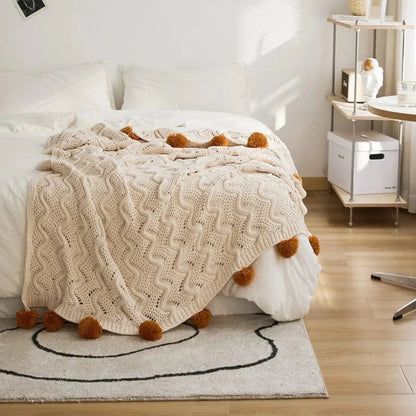 Chunky Pompoms Knitted Blanket